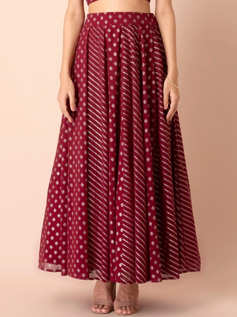 

INDYA Women Maroon & Silver-Coloured Printed Flared Maxi Skirt