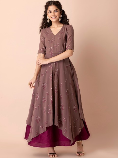 INDYA Women Pink Embroidered Georgette Anarkali Kurta