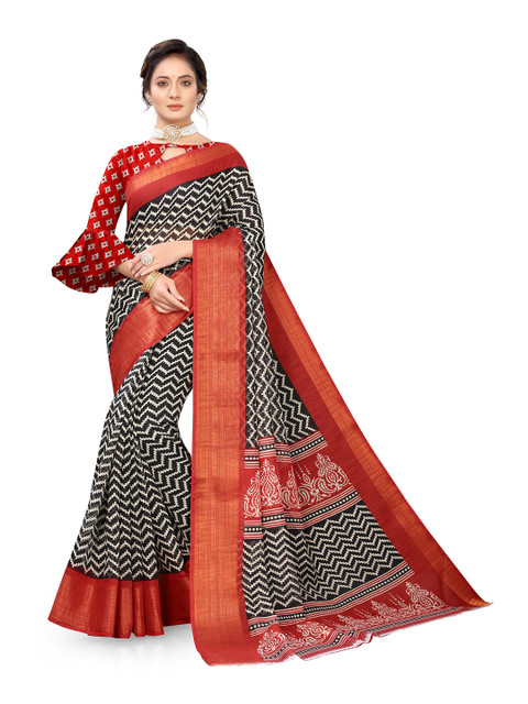 

Viva N Diva Black & Red Zari Cotton Blend Saree
