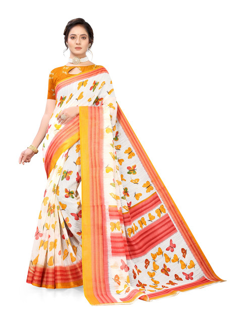 

Viva N Diva White & Orange Floral Printed Zari Saree