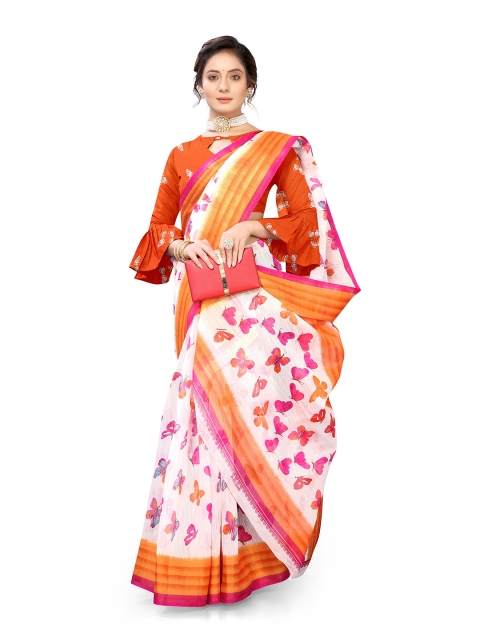 

Viva N Diva White & Orange Floral Printed Khadi Saree