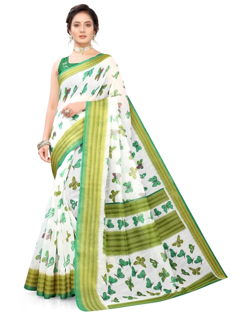 

Viva N Diva White & Green Floral Printed Zari Saree