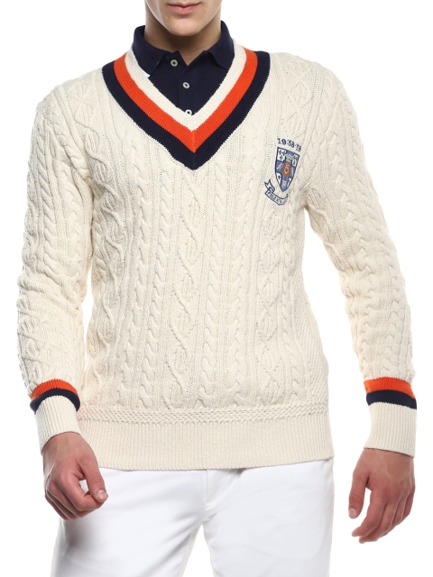 

Polo Ralph Lauren Men Cream-Coloured & Navy Blue Cable Knit Printed Pullover