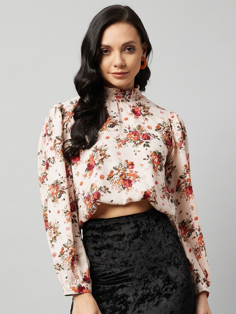

RARE Off White & Orange Floral Print Georgette Blouson Crop Top