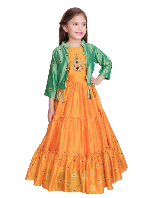

BETTY Gold-Toned & Green Floral Embroidered Layered Ethnic Maxi Dress