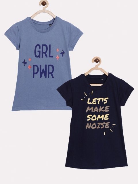 

SayItLoud Girls Pack Of 2 Blue & Black Typography Printed Pure Cotton T-shirts
