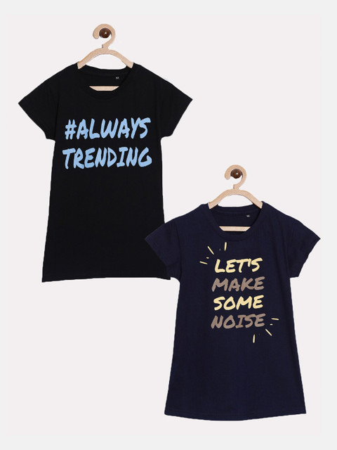

SayItLoud Girls Black & Navy Blue Typography 2 Printed Pure Cotton T-shirts