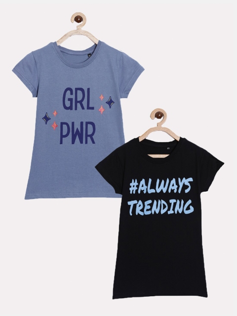 

SayItLoud Girls Set of 2 Blue Typography Printed T-shirt