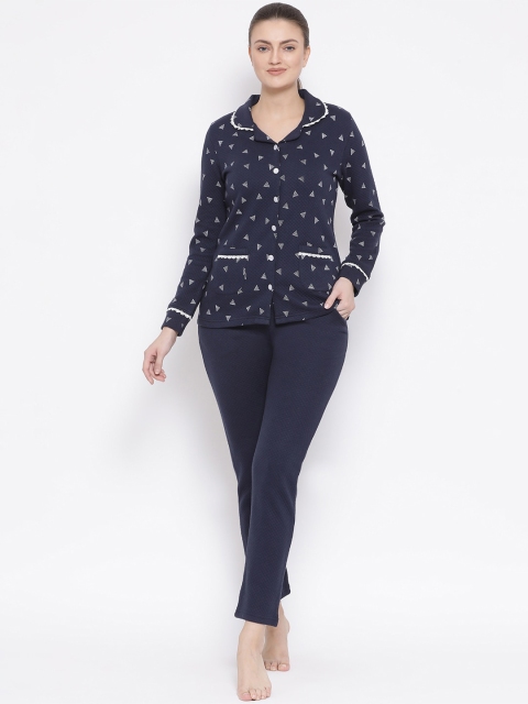 

Kanvin Women Navy Blue & White Printed Quilted Winter wear Night suit