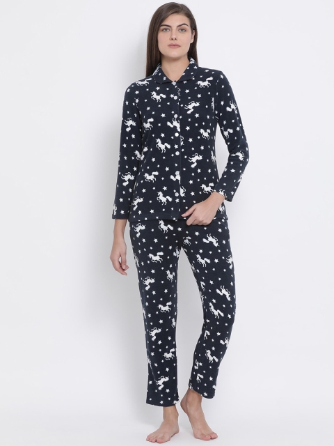 

Kanvin Women Navy Blue & White Unicorn Printed Night Suit