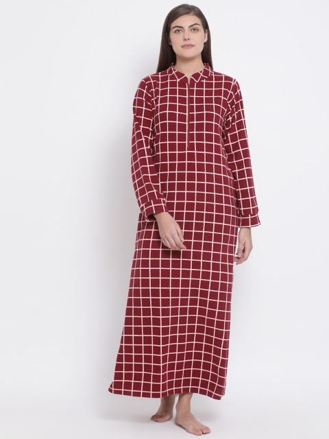 

Kanvin Women Maroon Checked Polar Fleece Maxi Nightdress