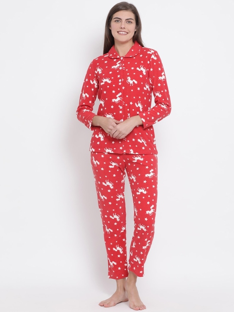

Kanvin Women Red & White Polar Fleece Unicorn Print Night suit