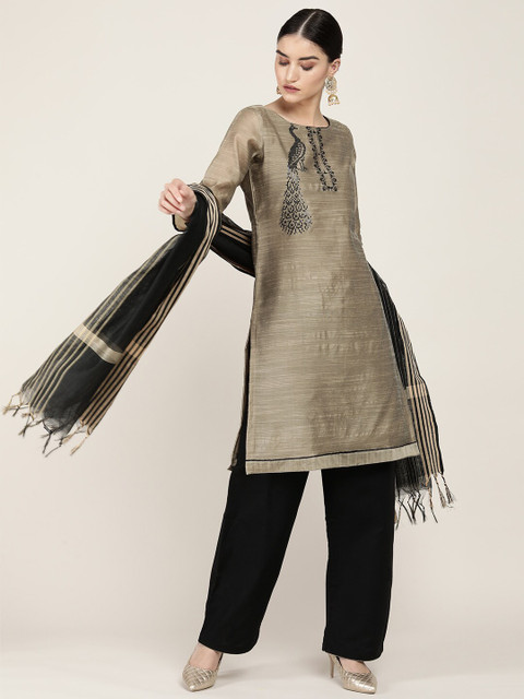 

Soch Beige & Black Embroidered Art Silk Unstitched Dress Material
