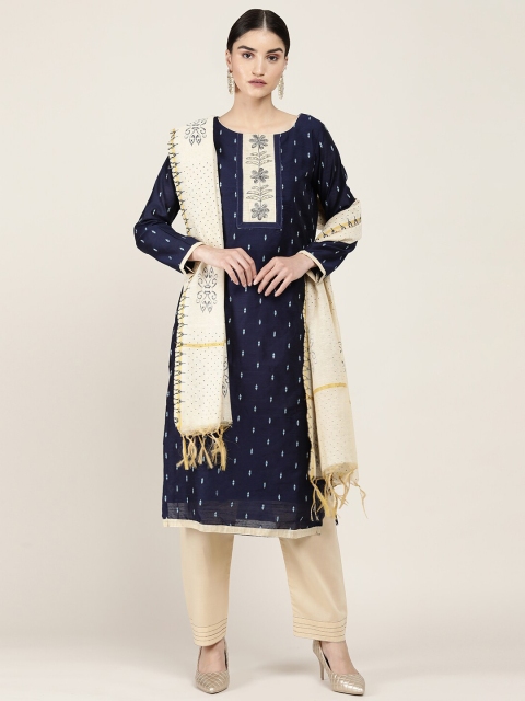 

Soch Navy Blue & Cream-Coloured Printed Art Silk Unstitched Dress Material