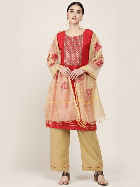 

Soch Red & Gold Embroidered Art Silk Unstitched Dress Material