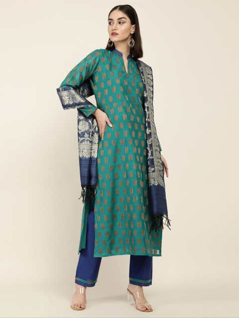 

Soch Women Green & Navy Blue Printed Unstitched Dress Material