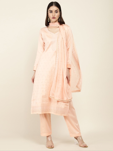 

Soch Peach-Coloured & Silver-Toned Embroidered Pure Cotton Unstitched Dress Material