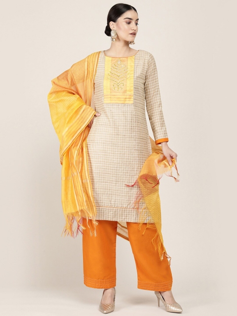 

Soch Beige & Orange Embroidered Art Silk Unstitched Dress Material