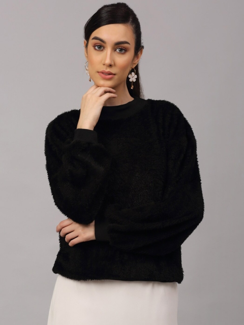 

NEUDIS Women Black Puff Sleeve Faux Fur Solid Sweatshirt