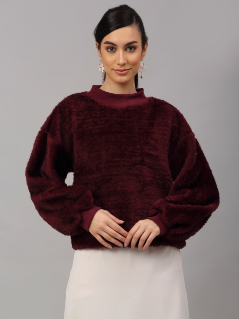 

NEUDIS Women Burgundy Puff Sleeve Faux Fur Solid Sweatshirt
