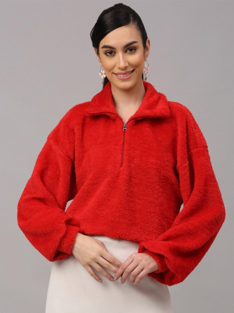

NEUDIS Women Red Faux Fur Solid Crop Sweatshirt