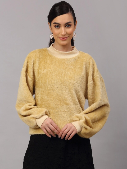 

NEUDIS Women Beige Puff Sleeve Faux Fur Solid Sweatshirt