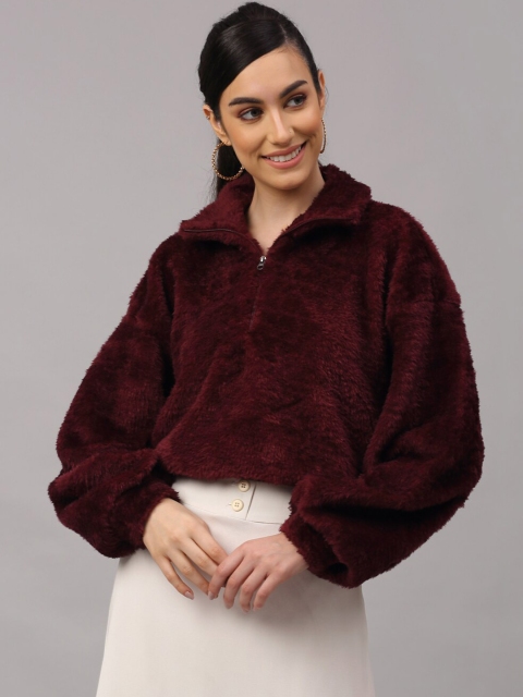 

NEUDIS Women Burgundy Faux Fur Solid Crop Sweatshirt
