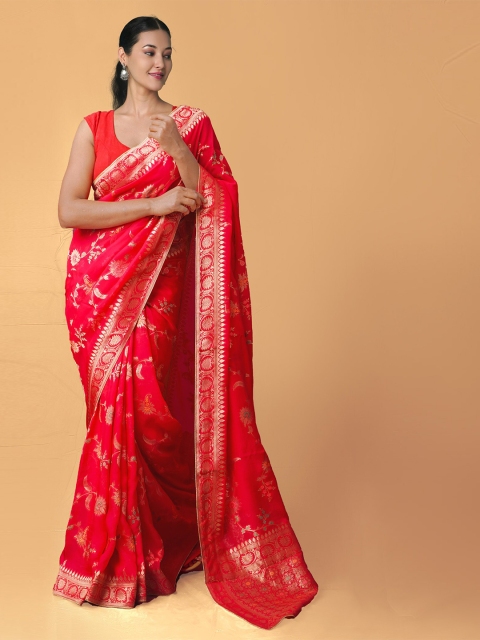

Unnati Silks Red & Gold-Toned Woven Design Zardozi Silk Cotton Banarasi Saree