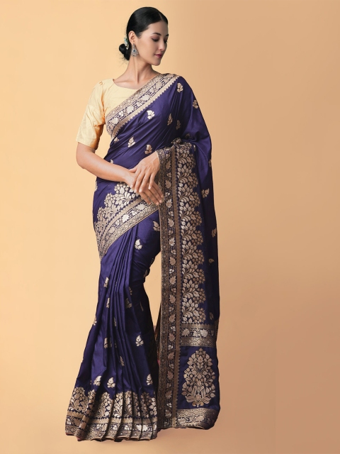 

Unnati Silks Navy Blue & Gold-Toned Woven Design Zari Silk Cotton Banarasi Saree