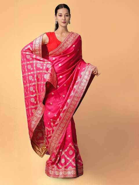 

Unnati Silks Pink & Gold-Toned Floral Zari Silk Cotton Banarasi Saree