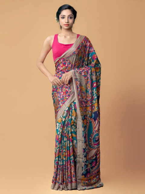 

Unnati Silks Beige & Red Kalamkari Kanjeevaram Crepe Silk Saree