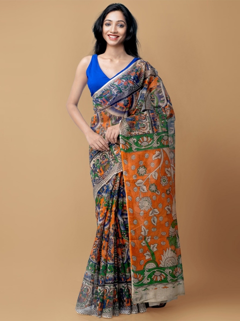 

Unnati Silks Orange & Blue Kalamkari Pure Cotton Kota Saree