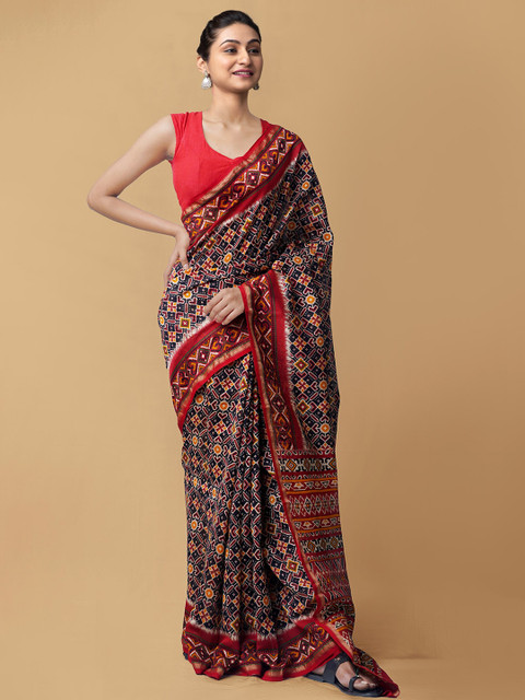 

Unnati Silks Black & Red Ethnic Motifs Zari Silk Cotton Chanderi Saree