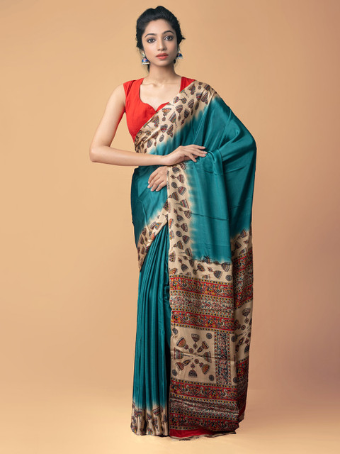 

Unnati Silks Blue & Red Kalamkari Saree