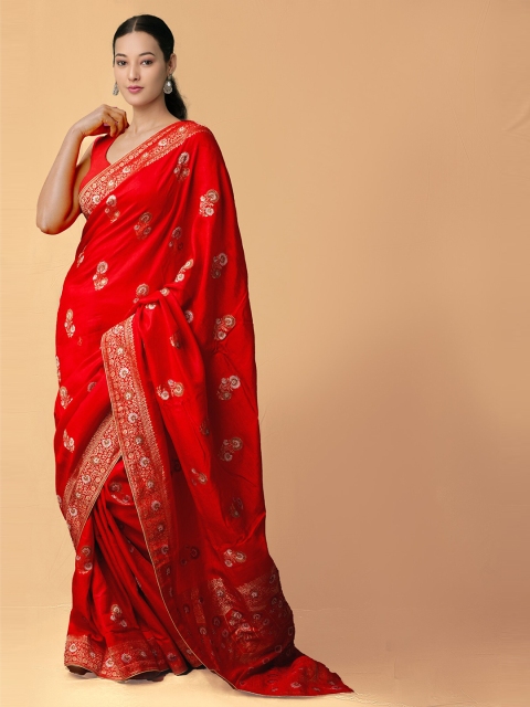 

Unnati Silks Red & Gold-Toned Floral Zari Silk Cotton Banarasi Saree