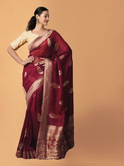 

Unnati Silks Purple & Gold-Toned Woven Design Zari Silk Cotton Banarasi Saree