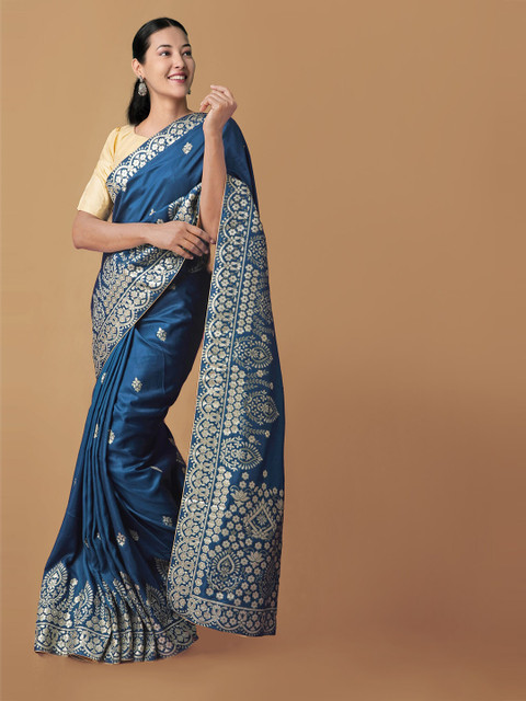 

Unnati Silks Blue & Silver-Toned Woven Design Zari Silk Cotton Banarasi Saree