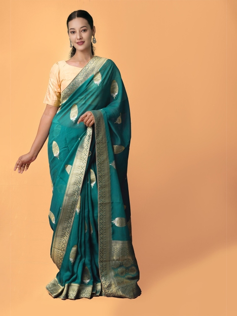 

Unnati Silks Green & Gold-Toned Floral Zari Silk Cotton Banarasi Saree