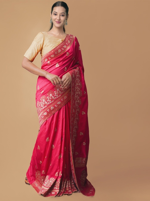 

Unnati Silks Pink & Gold-Toned Floral Silk Cotton Banarasi Saree
