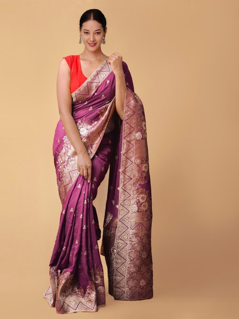 

Unnati Silks Mauve & Gold-Toned Woven Design Zari Silk Cotton Banarasi Saree