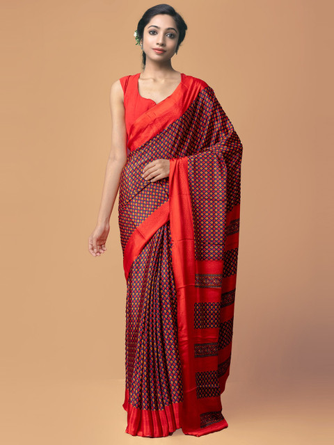 

Unnati Silks Red & Blue Ethnic Motifs Printed Crepe Silk Saree