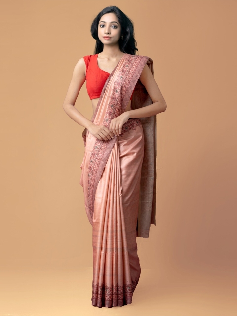 

Unnati Silks Peach-Coloured & Brown Ethnic Motifs Printed Crepe Silk Saree