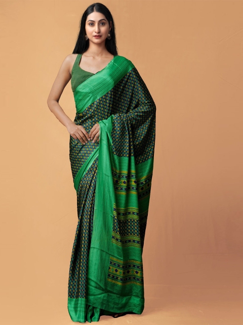 

Unnati Silks Green & Navy Blue Ethnic Motifs Patola Saree