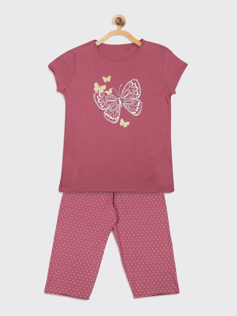 

Kanvin Girls Mauve & White Pure Cotton Printed Night suit