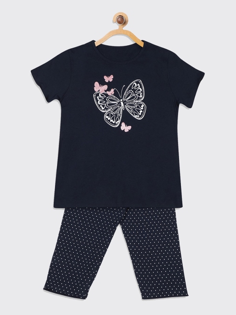 

Kanvin Girls Navy Blue & White Pure Cotton Printed Night suit