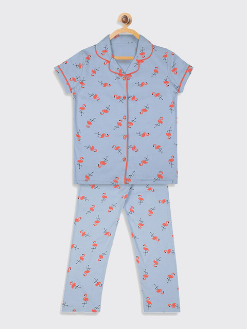 

Kanvin Girls Blue & Orange Pure Cotton Printed Night suit