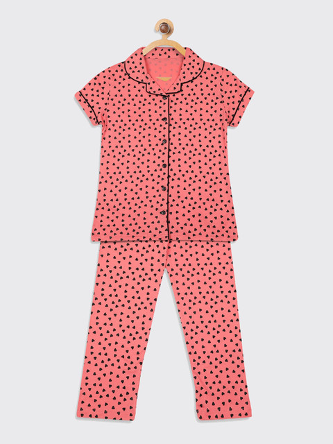 

Kanvin Girls Peach-Coloured & Black Printed Pure Cotton Night suit
