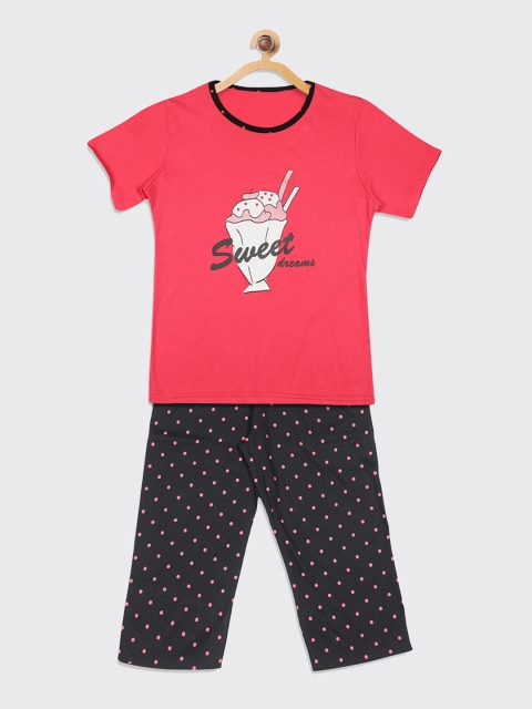 

Kanvin Girls Pink & Black Printed Pure Cotton Night Suit