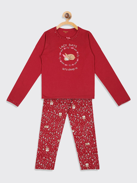 

Kanvin Girls Red & White Printed Night suit