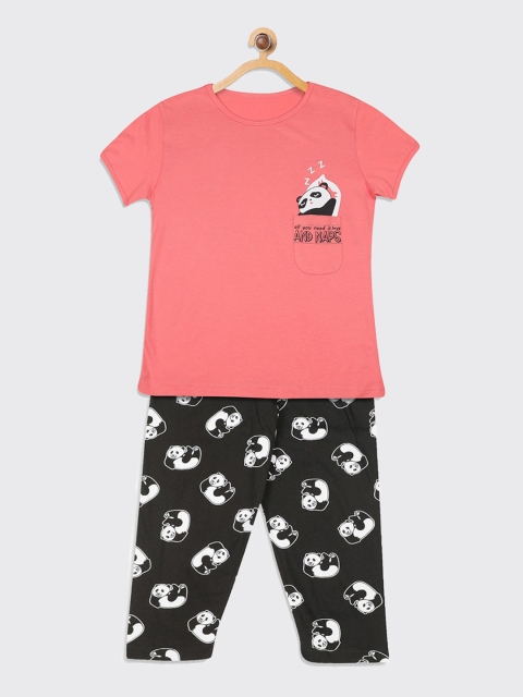 

Kanvin Girls Peach-Coloured & Black Printed Pure Cotton Night suit